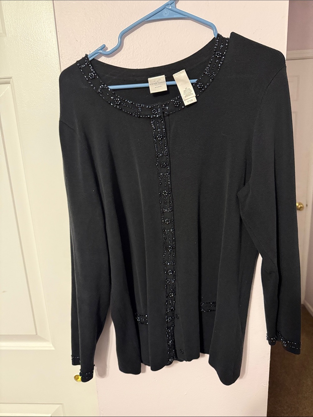 Emma James Black Beaded Trim Button-Down vintage holiday Cardigan